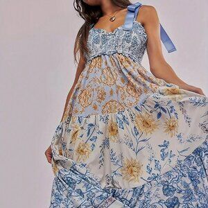 Multicolor Casual Women's Floral Print Lace-Up Spaghetti Strap Pleated Dress